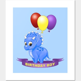 Birthday Boy Cute Blue Triceratops Dinosaur Posters and Art